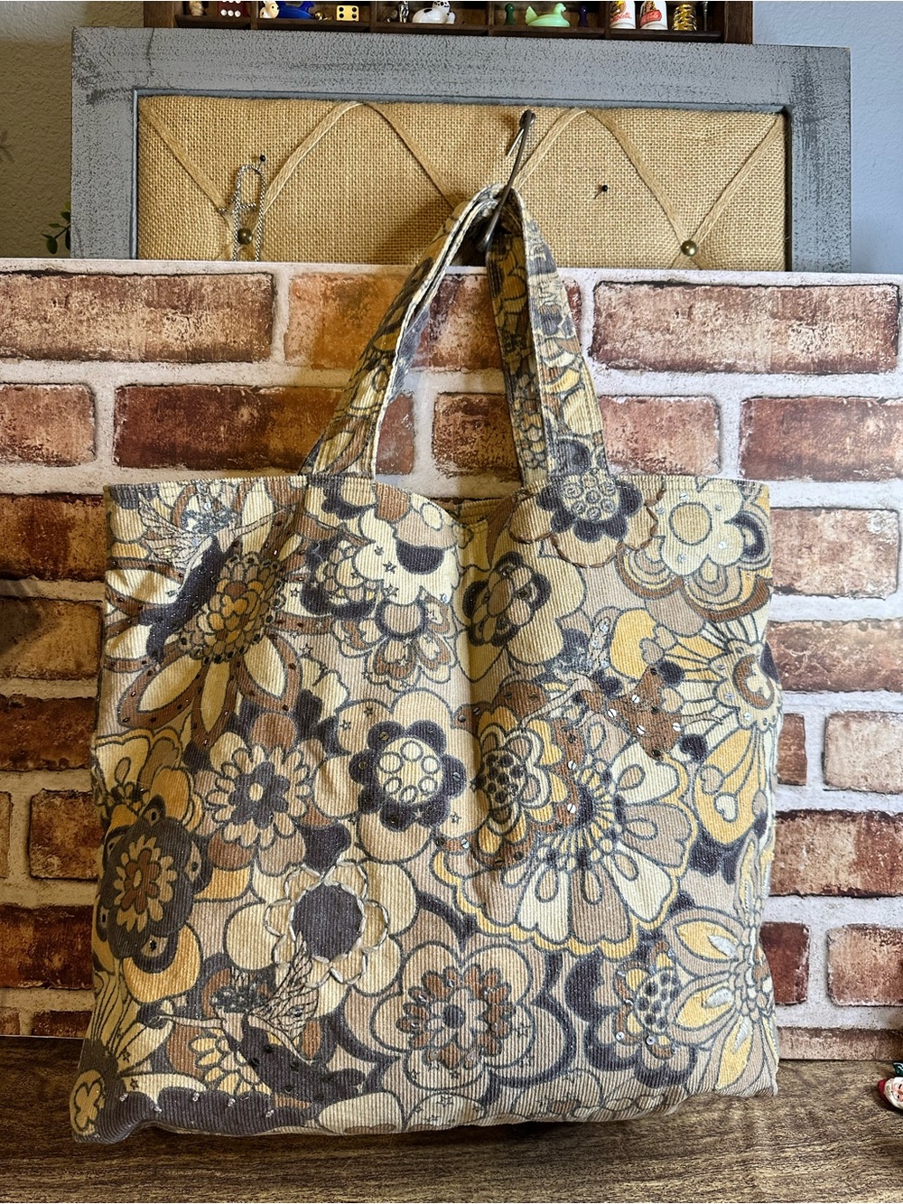 GAP Vintage 2005 Corduroy Flower Sparkle Beads Boho Y2K Shoulder Tote Bag